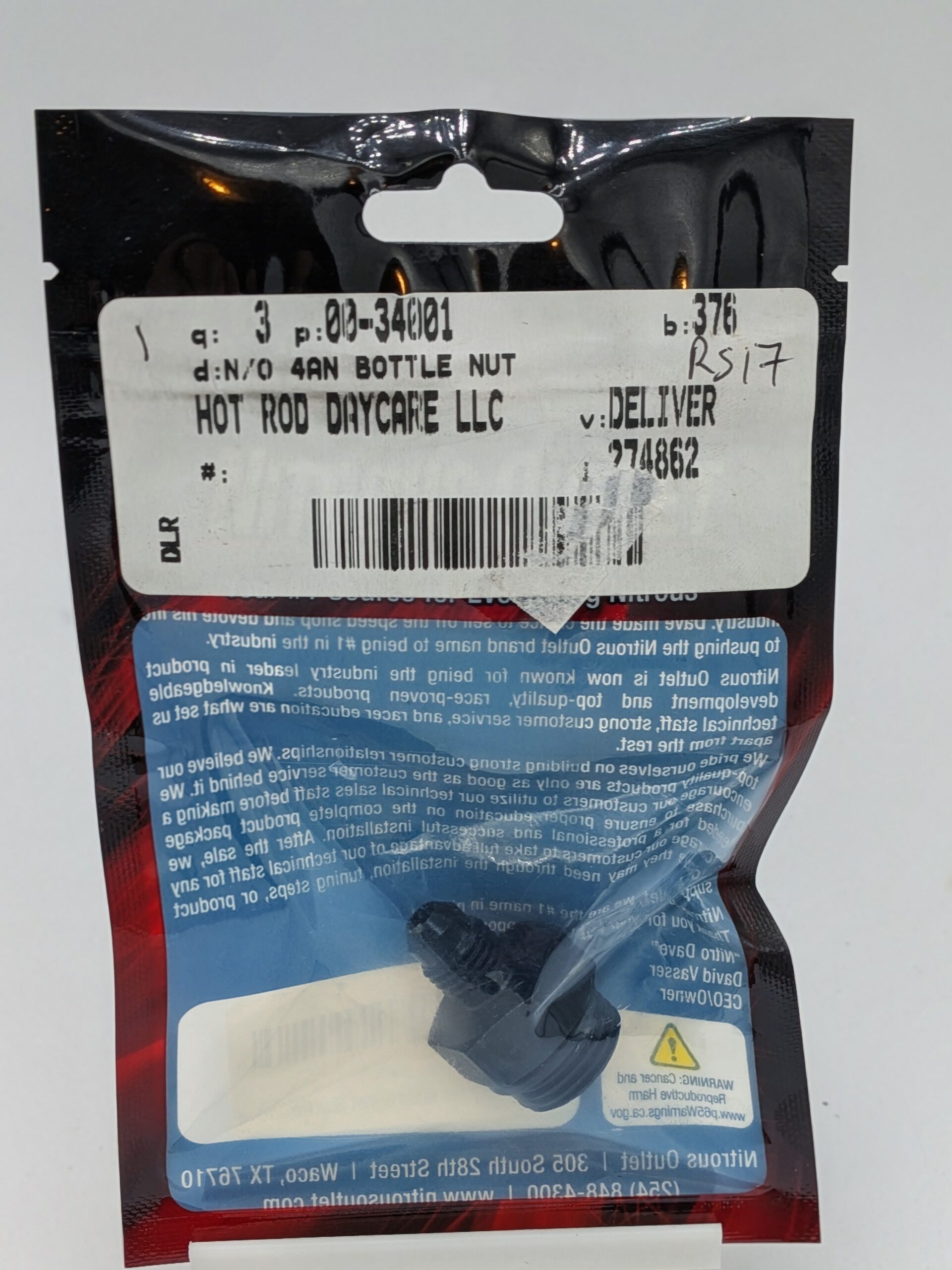 4AN NO Ebay-3 Nitrous Outlet 4AN Bottle Valve Nipple (P/N 00-34001)